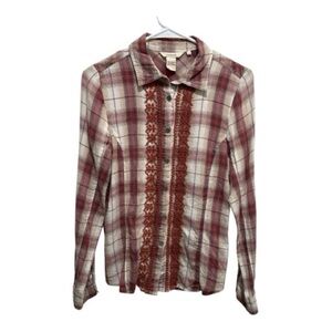Sundance Zinnia Plaid Flannel Button-Down Shirt Women's Size 2  Embroidered Flaw
